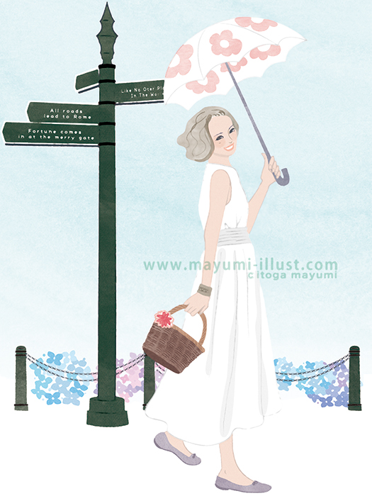 傘をさす女性 イラスト イラストレーター イトガマユミ 女性向けイラスト制作 ポップ おしゃれ かわいい