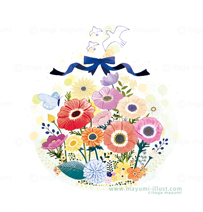 お花のプレゼント 花 Flower イラスト イラストレーター イトガマユミ 女性向けイラスト ファミリーイラスト ファッションイラスト制作 ポップ おしゃれ かわいい